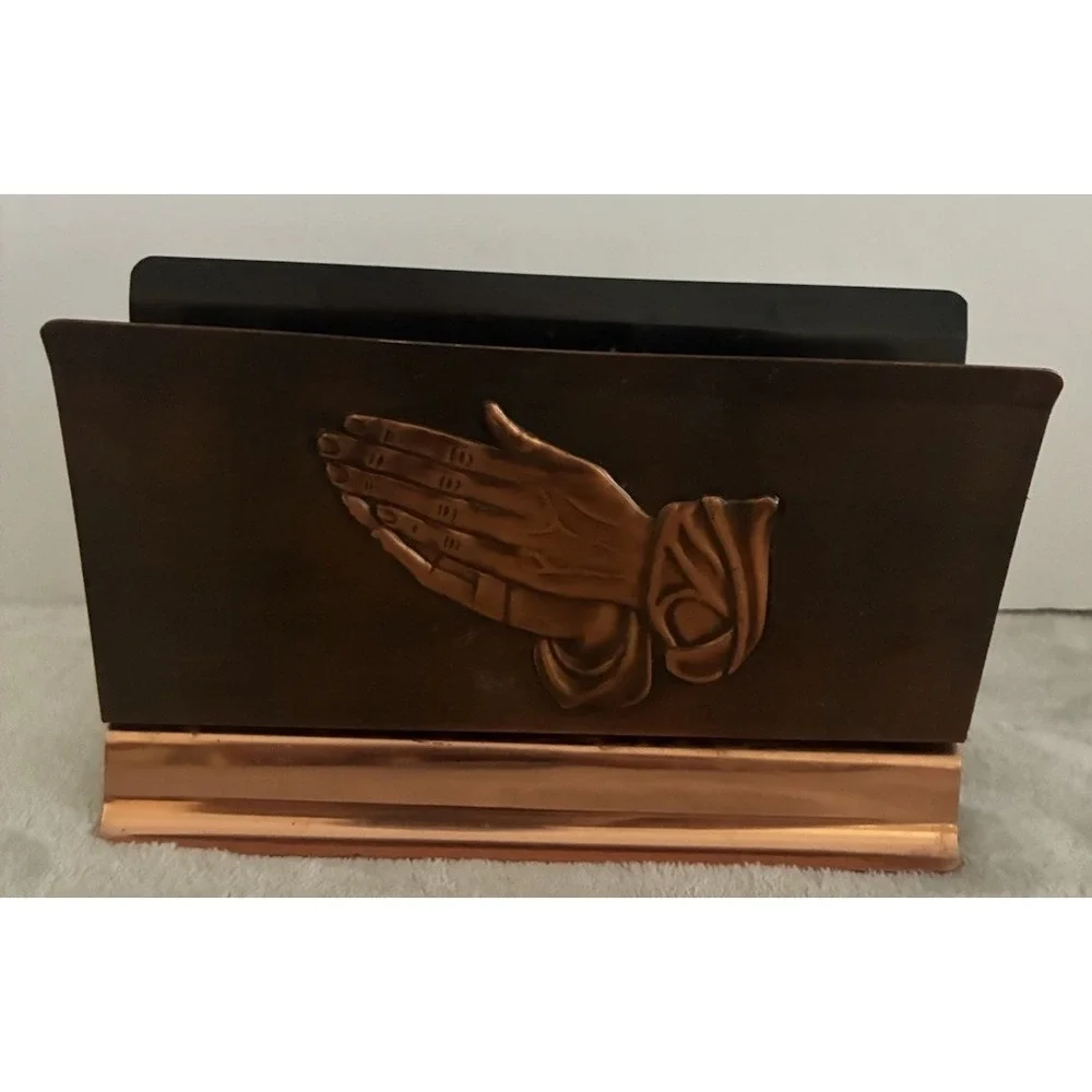 Vintage Copper Craft Napkin Holder Mail Letter  Praying Hands 7x4
